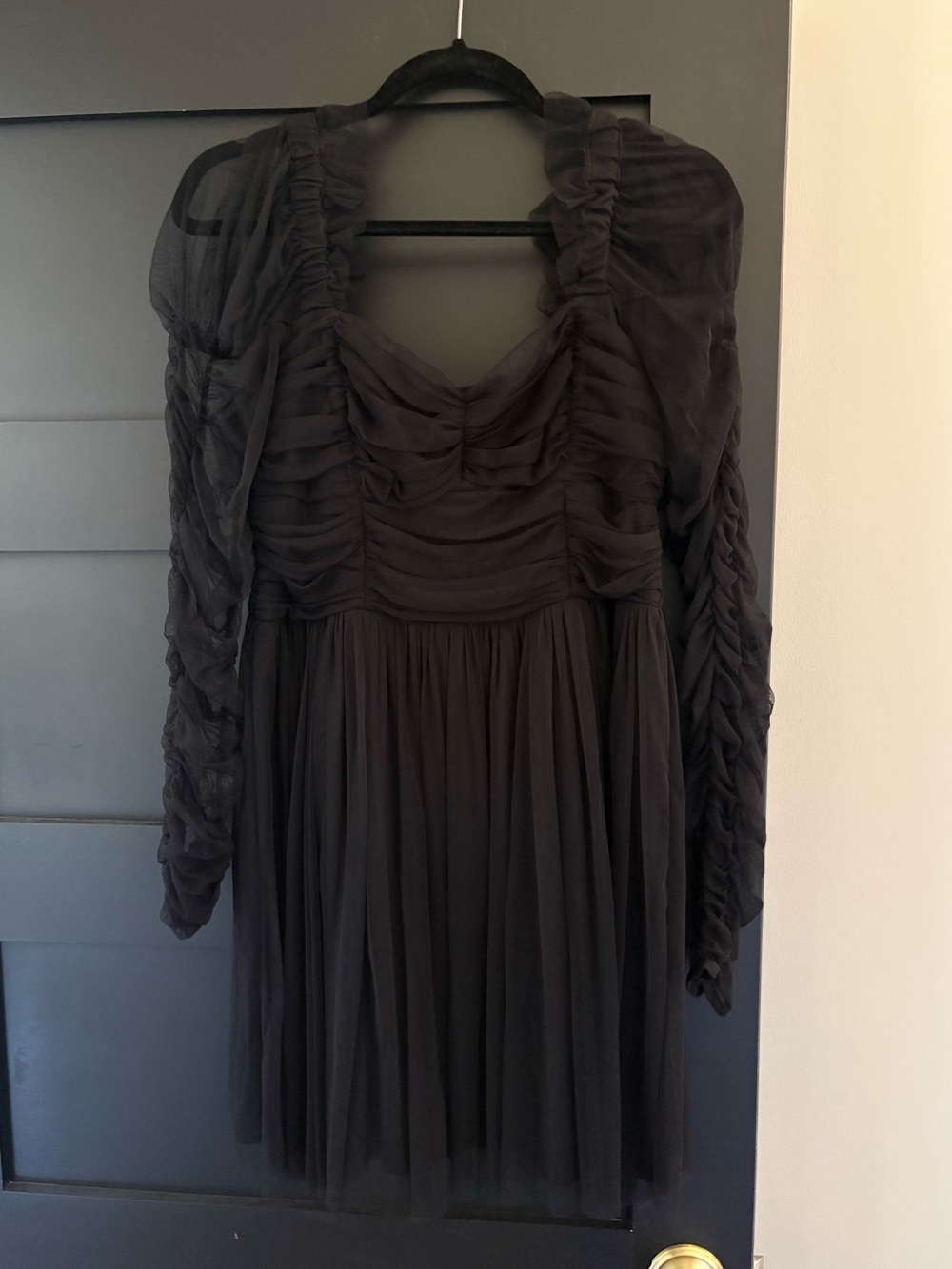French Connection Black Ruched Mesh Long Sleeve Mini Dress Size 10